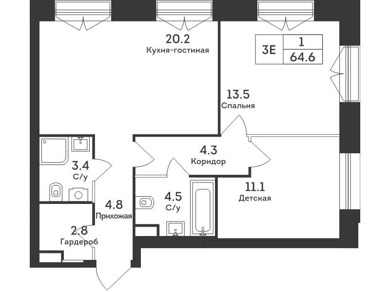 3 ккв (Евро) 64,6 м²