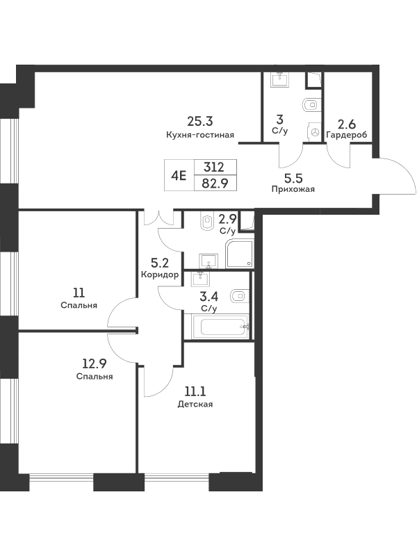 4 ккв (Евро) 82,9 м²