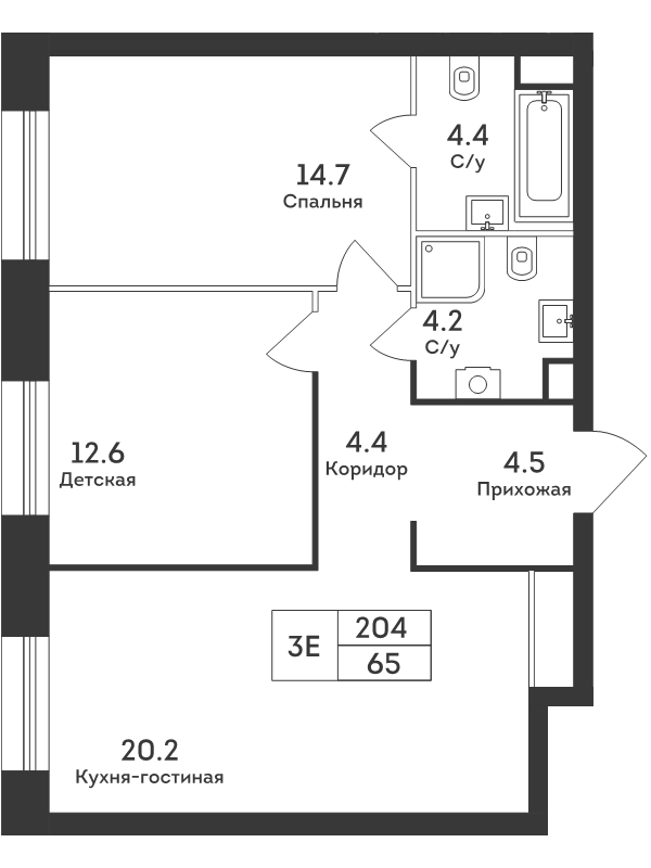 3 ккв (Евро) 65 м²