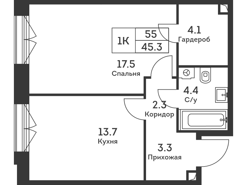 2 ккв (Евро) 45,4 м²