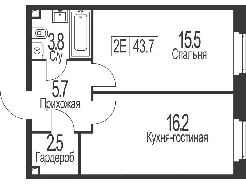2 ккв (Евро) 43,7 м²
