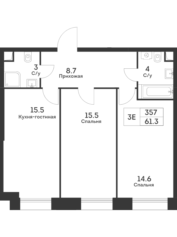 3 ккв (Евро) 61,4 м²