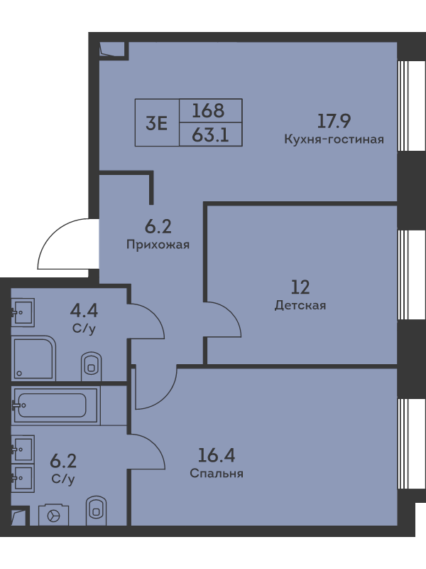 3 ккв (Евро) 63,1 м²