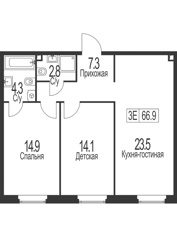 3 ккв (Евро) 66,9 м²