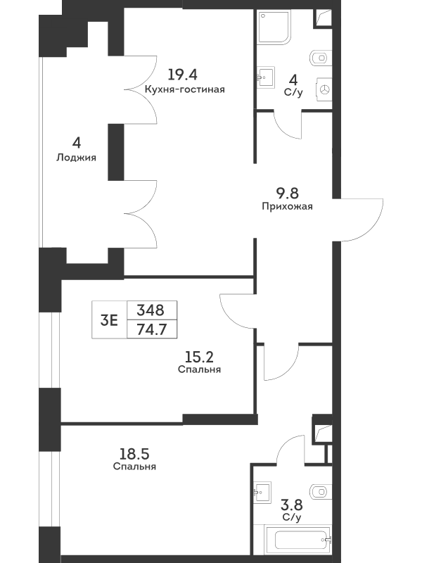 3 ккв (Евро) 74,8 м²