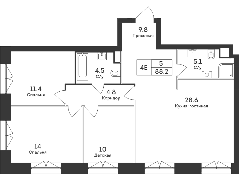 4 ккв (Евро) 88,2 м²