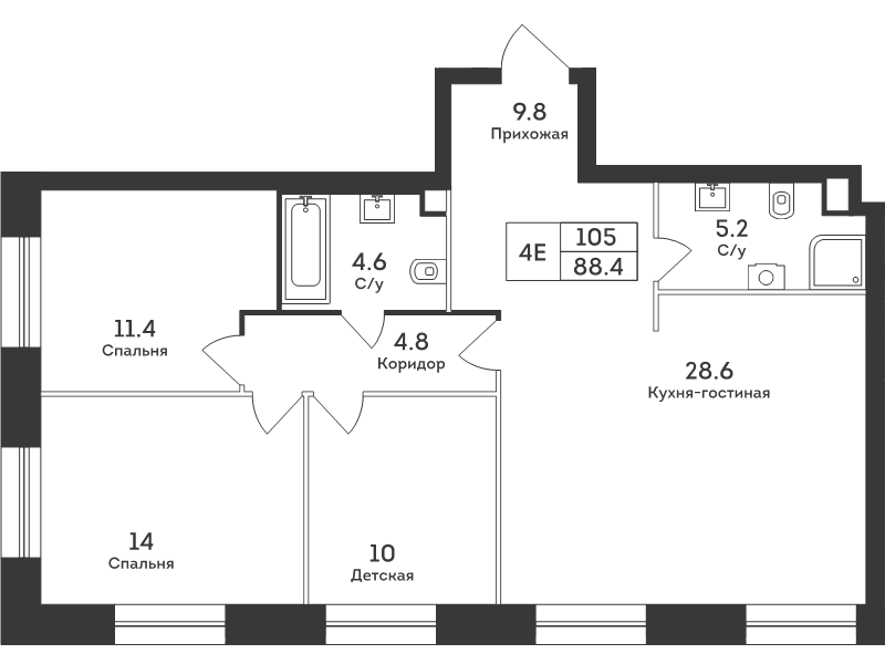 4 ккв (Евро) 88,4 м²