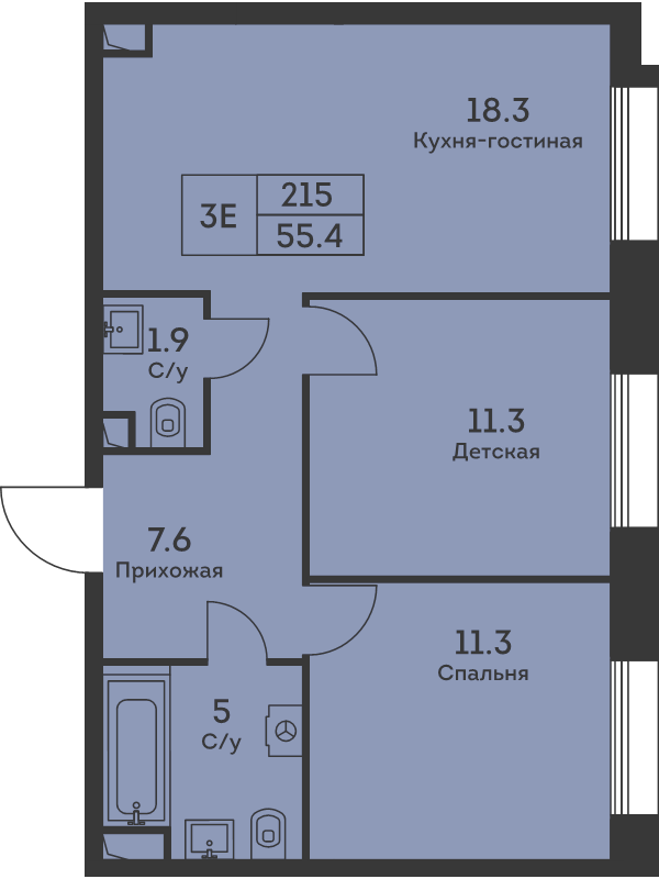 3 ккв (Евро) 55,8 м²