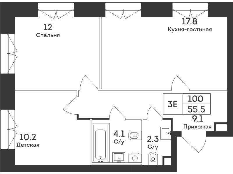 3 ккв (Евро) 55,5 м²