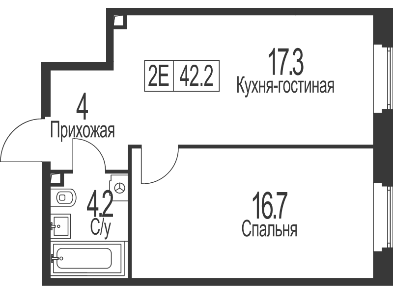 2 ккв (Евро) 42,2 м²