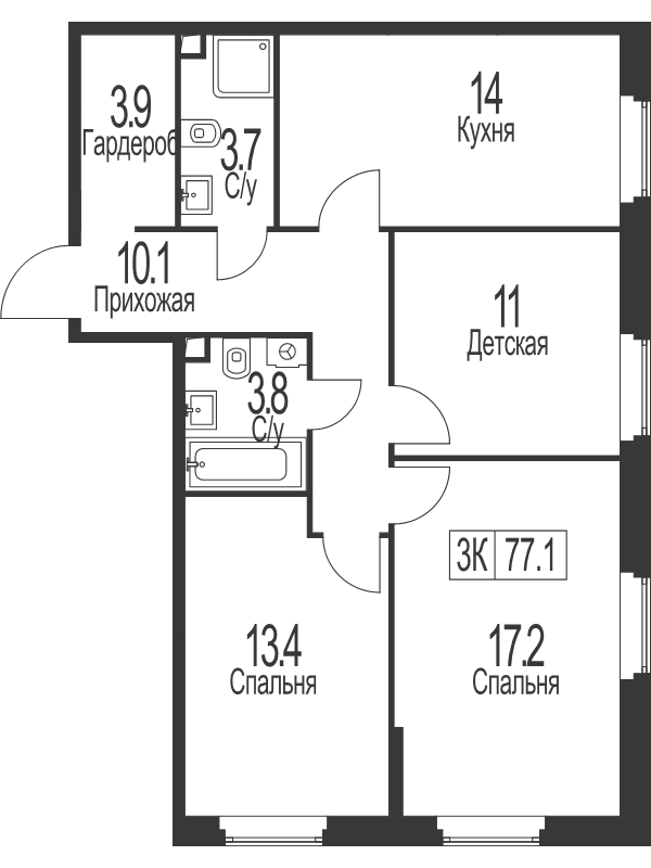 3 ккв 77,2 м²