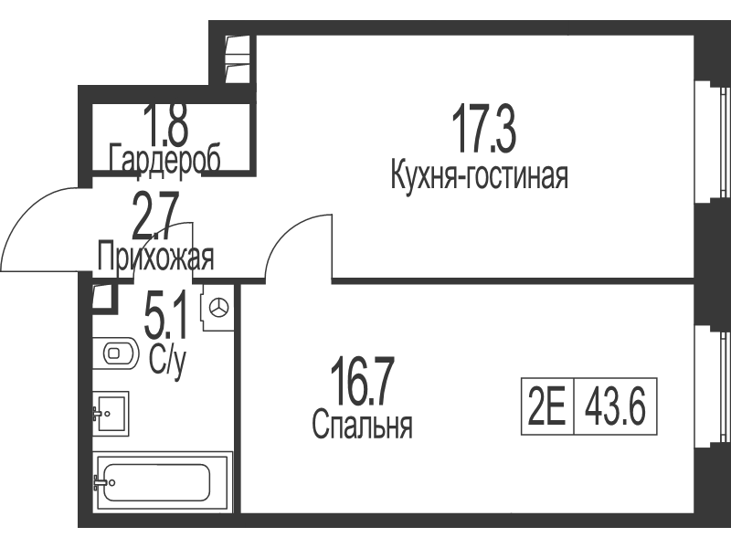 2 ккв (Евро) 43,6 м²