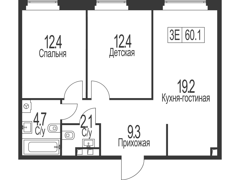 3 ккв (Евро) 60,1 м²