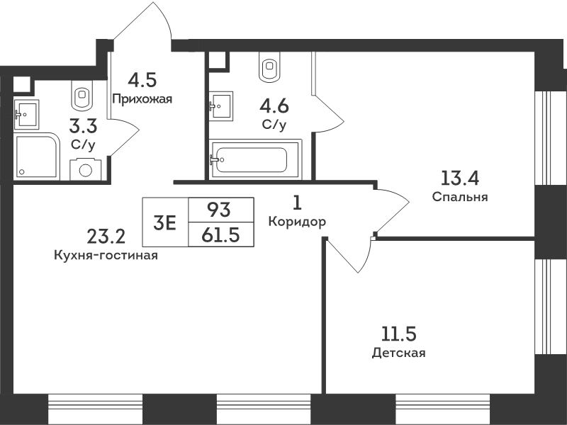 3 ккв (Евро) 61,5 м²