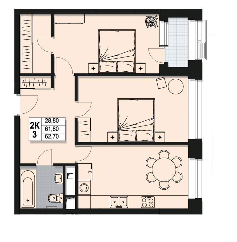 2 ккв 61,8 м²