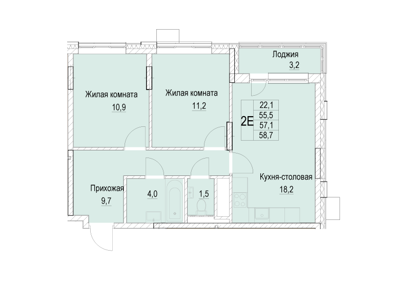 3 ккв (Евро) 57,1 м²
