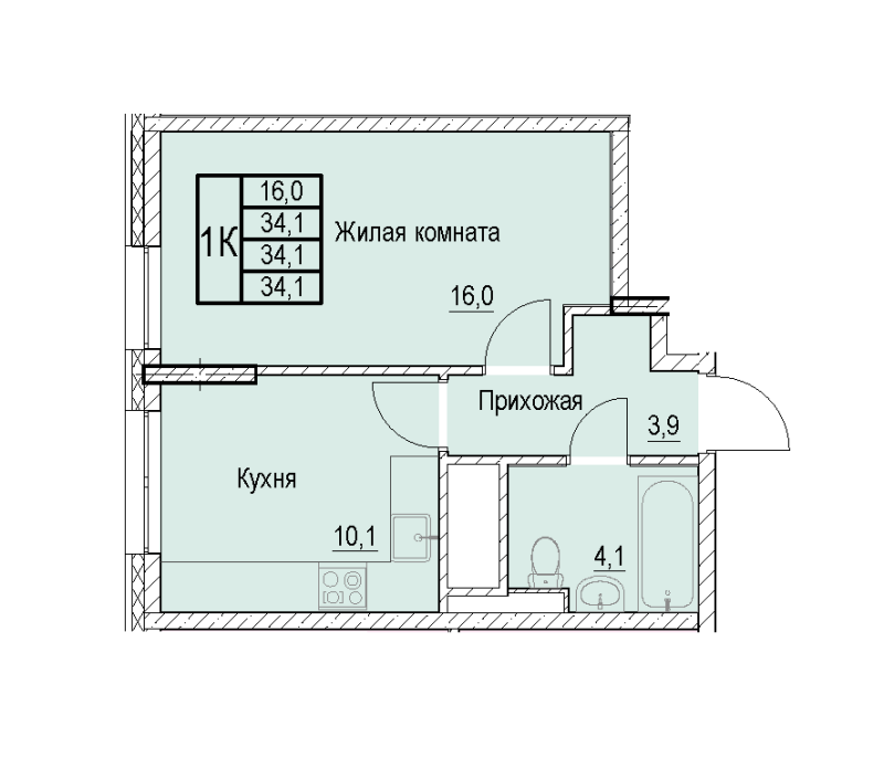 1 ккв 34,1 м²