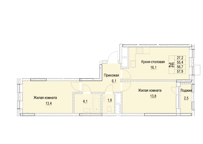 3 ккв (Евро) 56,7 м²