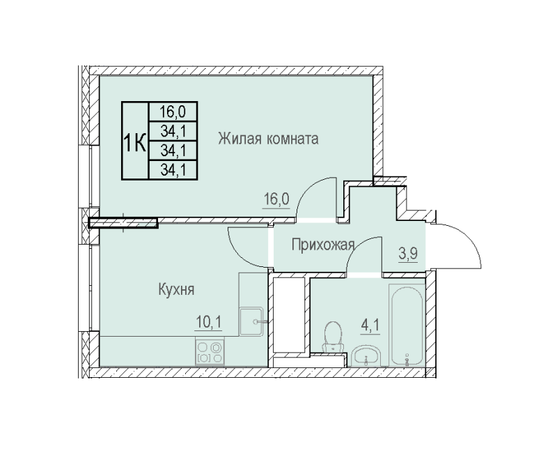 1 ккв 34,1 м²