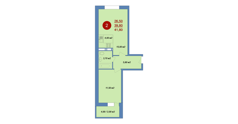 2 ккв (Евро) 41,8 м²