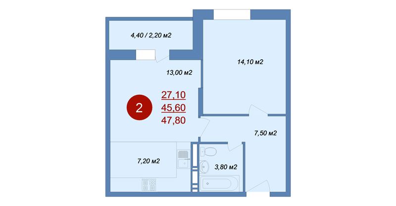2 ккв (Евро) 47,8 м²