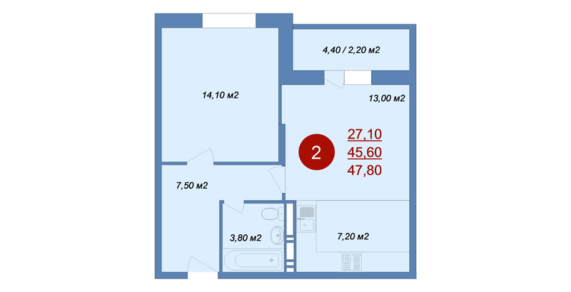 2 ккв (Евро) 47,8 м²