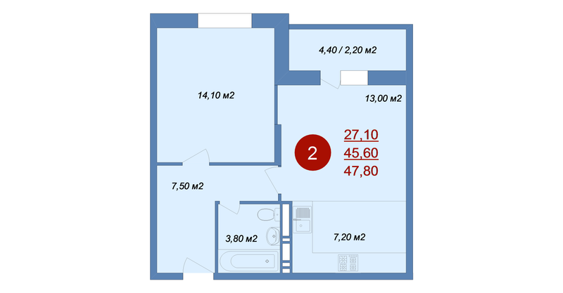 2 ккв (Евро) 47,8 м²