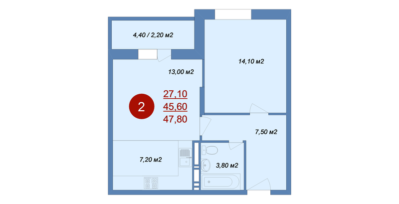 2 ккв (Евро) 47,8 м²
