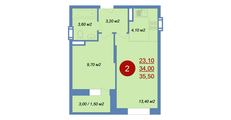 2 ккв (Евро) 35,5 м²