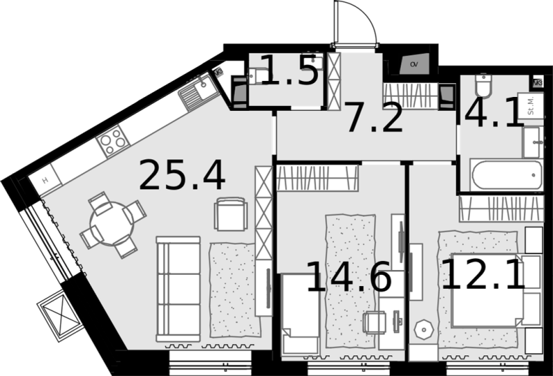 3 ккв (Евро) 65 м²