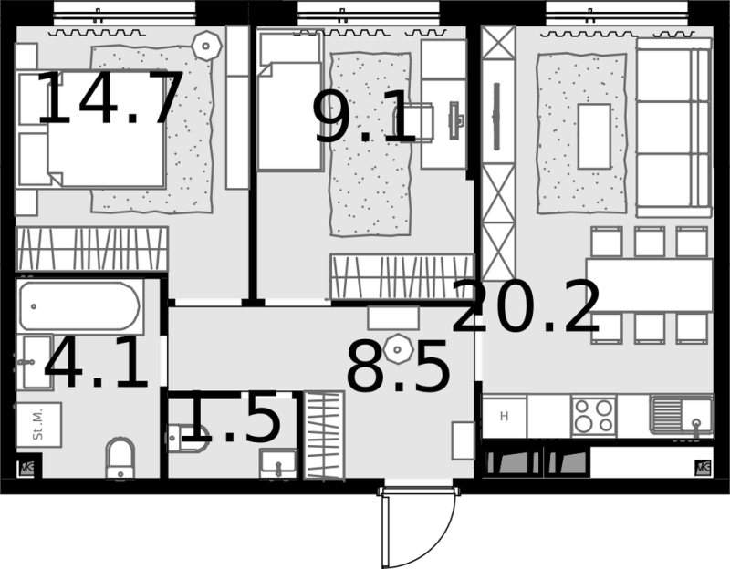 3 ккв (Евро) 57 м²