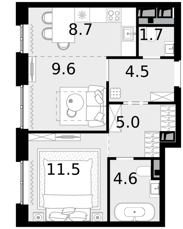 2 ккв (Евро) 45,6 м²