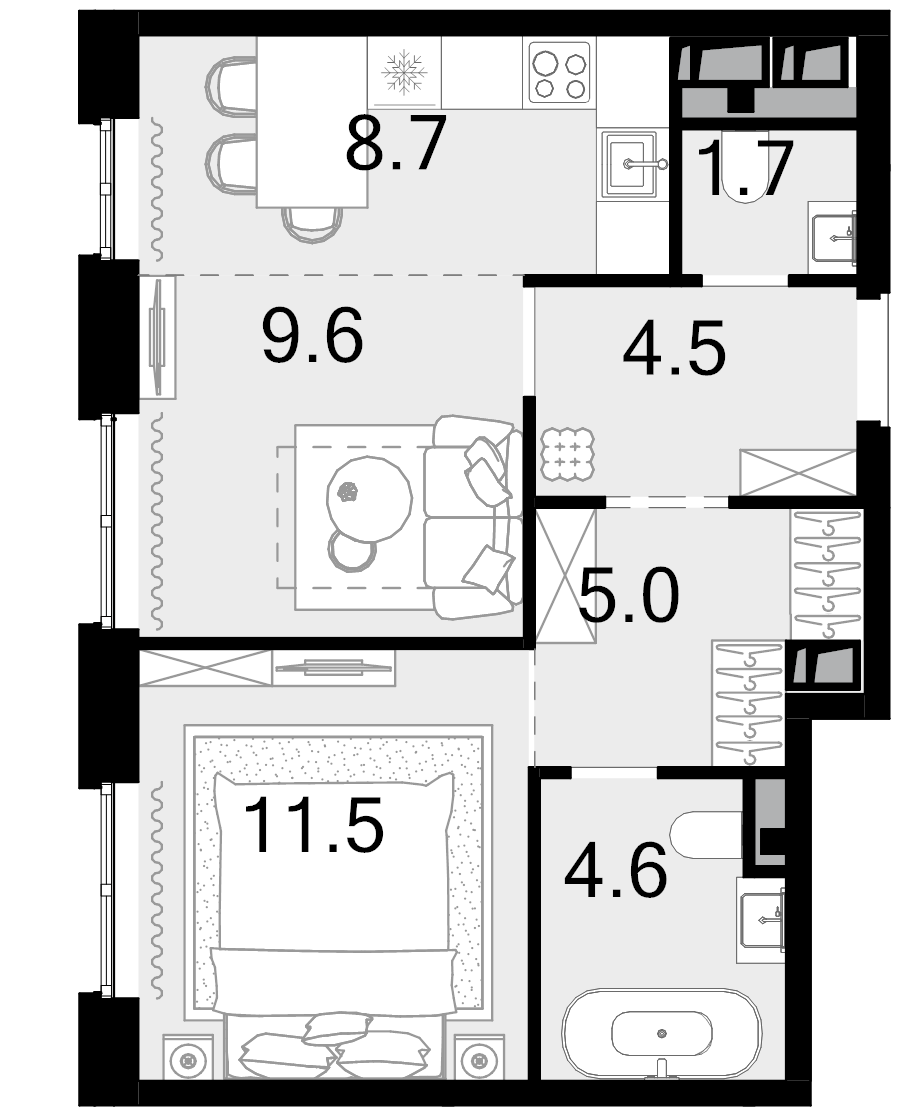 2 ккв (Евро) 45,6 м²