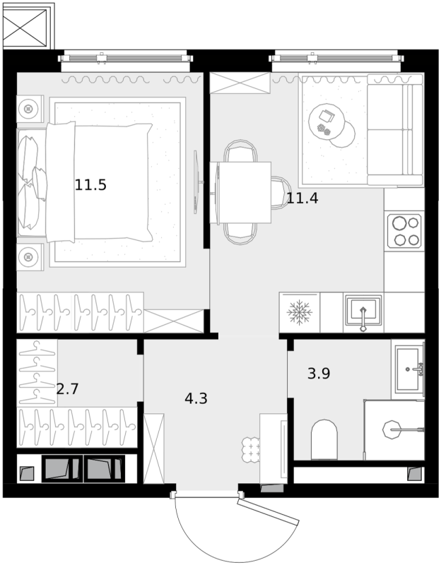 1 ккв 33,5 м²