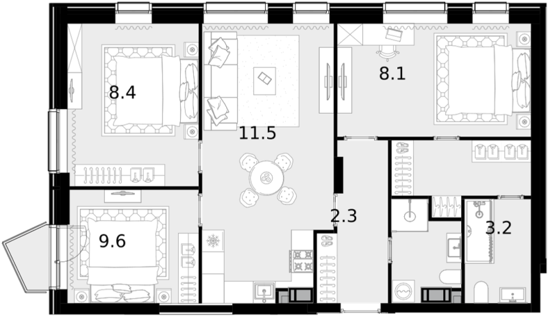 3 ккв 92,9 м²
