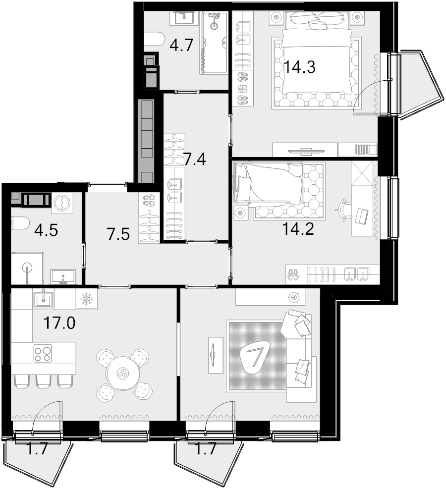 4 ккв (Евро) 87,4 м²
