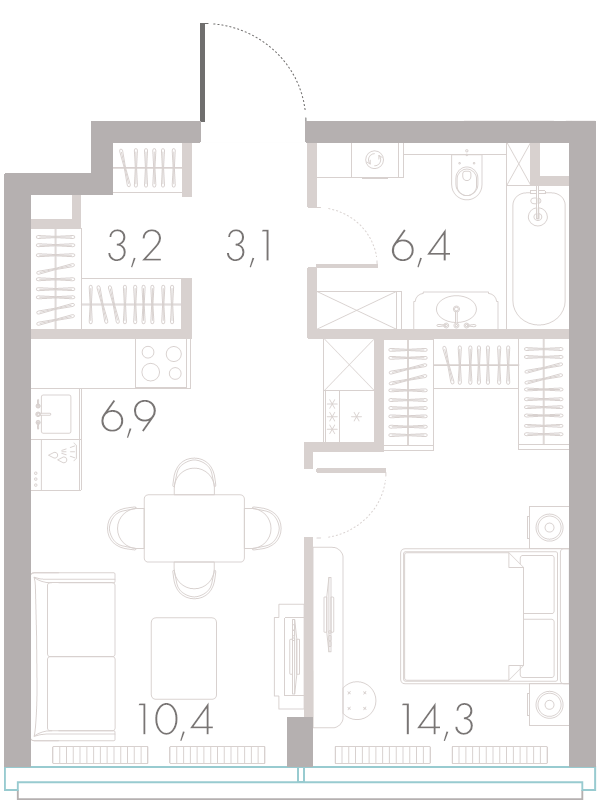 2 ккв (Евро) 43,8 м²