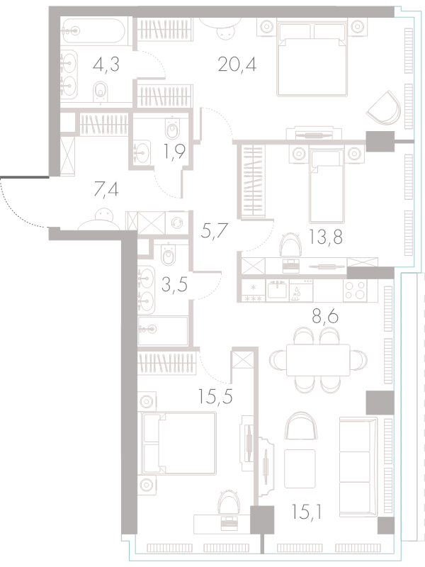 4 ккв (Евро) 95,8 м²