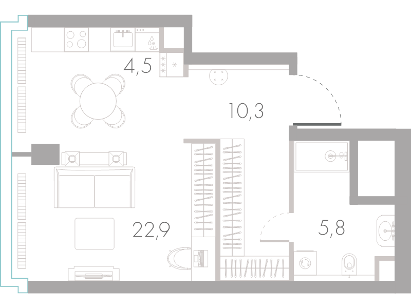 Студия 43,5 м²