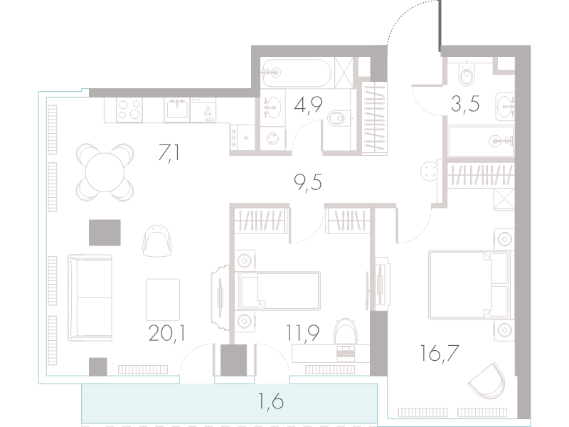 3 ккв (Евро) 74,9 м²