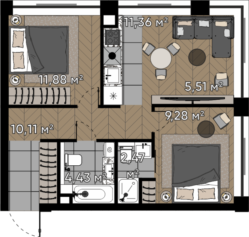 3 ккв (Евро) 55 м²