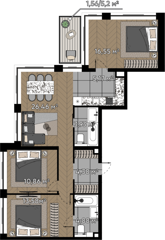 4 ккв (Евро) 87,4 м²