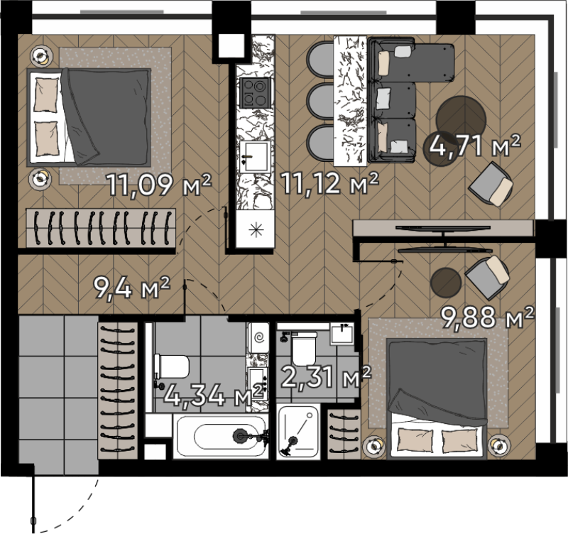 3 ккв (Евро) 52,9 м²