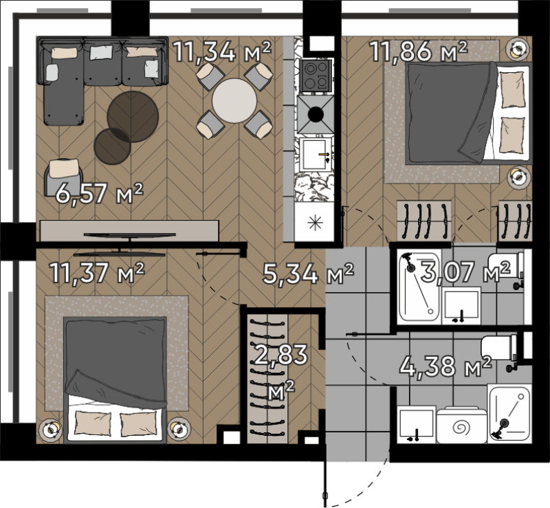 2 ккв 56,8 м²