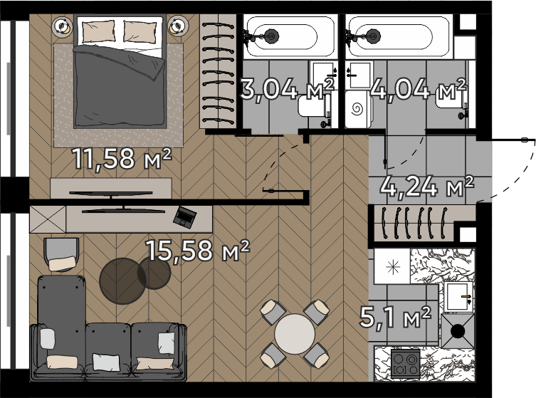 2 ккв (Евро) 43,6 м²