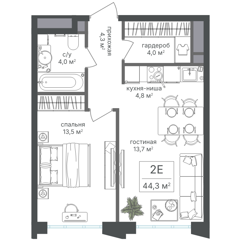 2 ккв (Евро) 44,3 м²