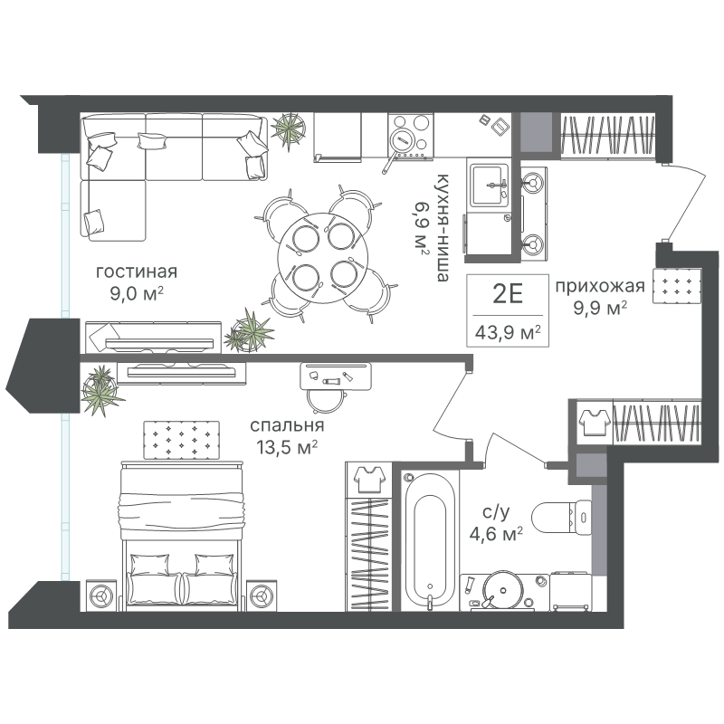2 ккв (Евро) 43,9 м²