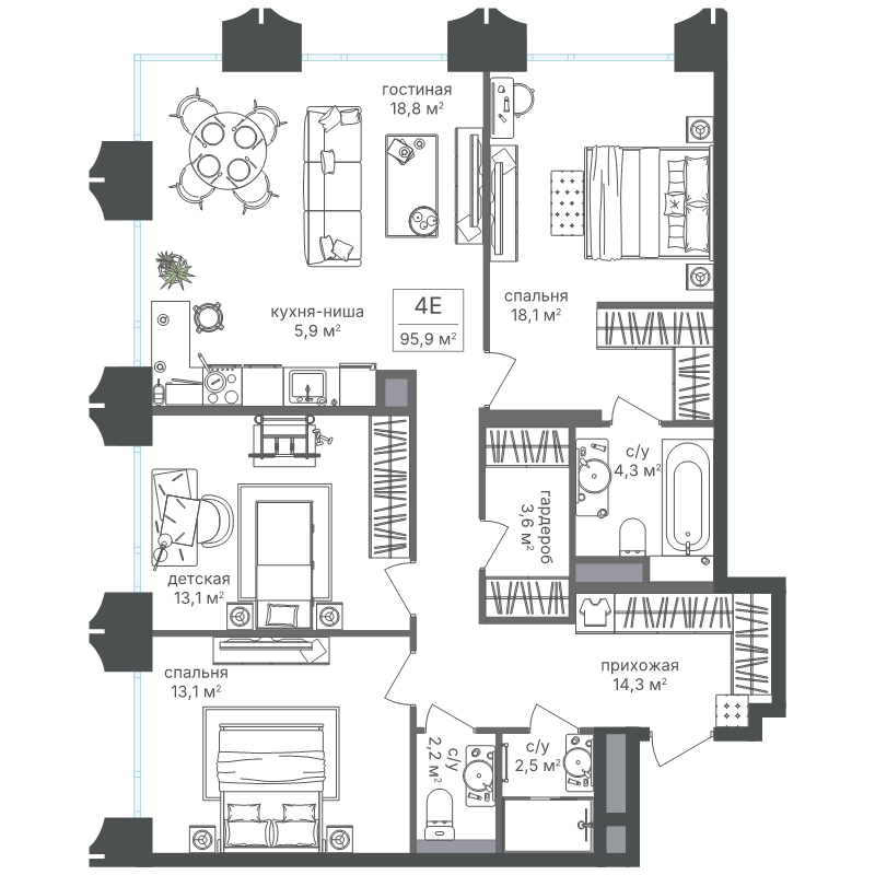 4 ккв (Евро) 95,9 м²