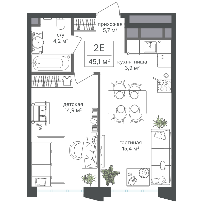 2 ккв (Евро) 44,1 м²