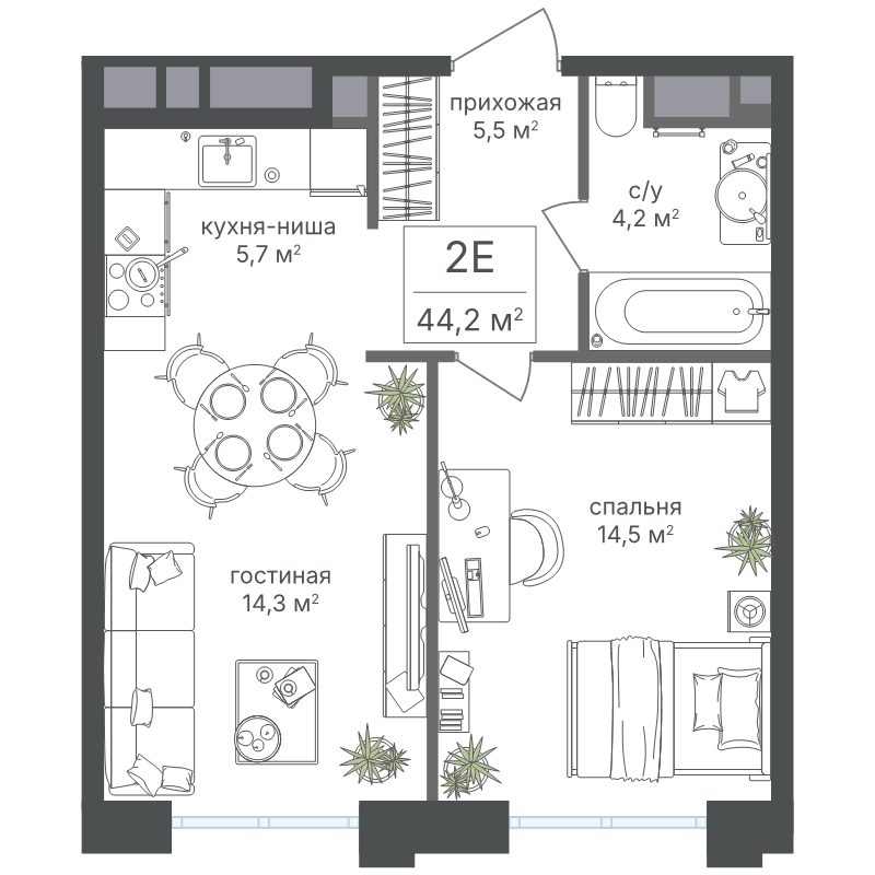 2 ккв (Евро) 44,2 м²